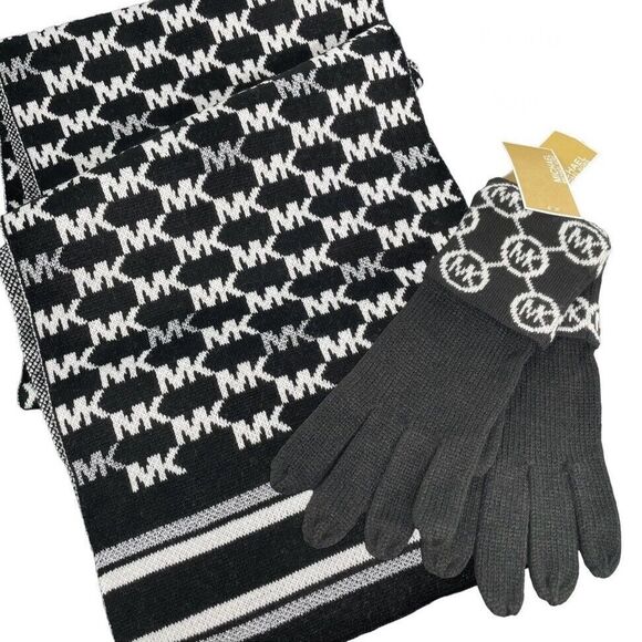NEW Michael Kors Gloves & Scarf Circle All Over MK Logo Monogram Knit Tinsel - Picture 1 of 11